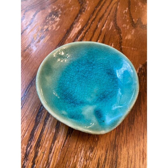 Handmade Katie King Pottery Spoon Rest Blue/Teal Crackle Glaze 4.5" Diameter - Picture 1 of 5